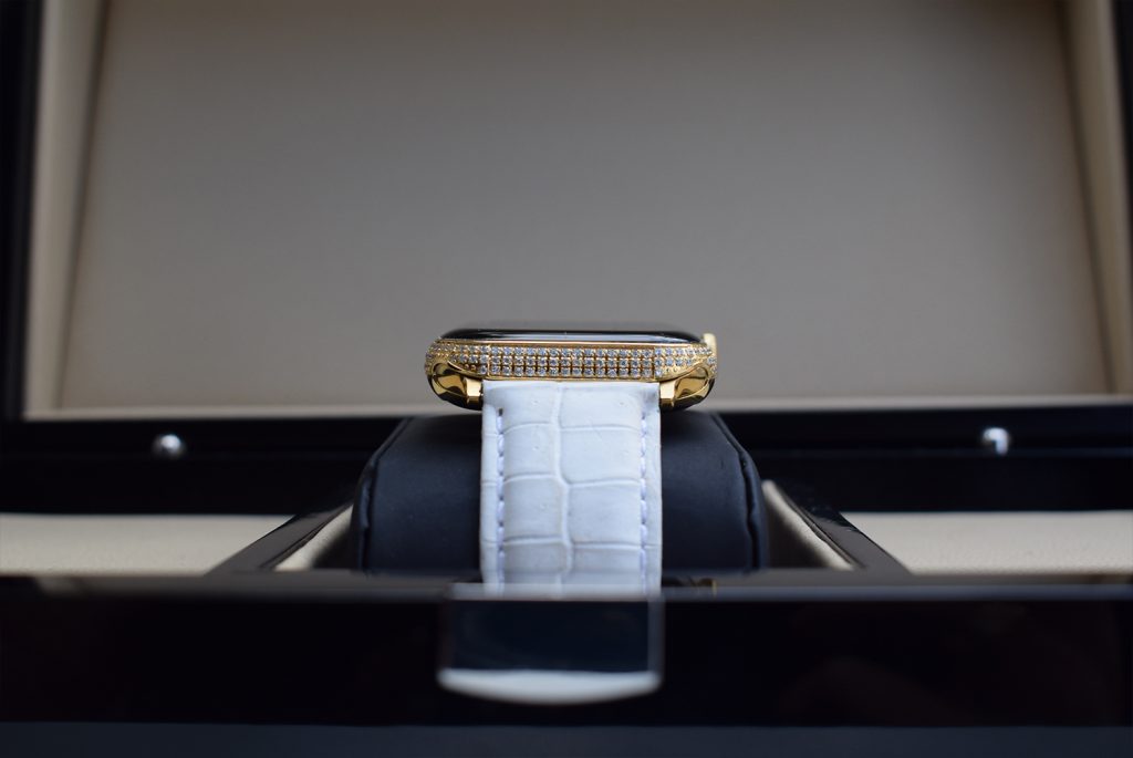 24k gold apple watch 7 with swarovski and white crocodile2