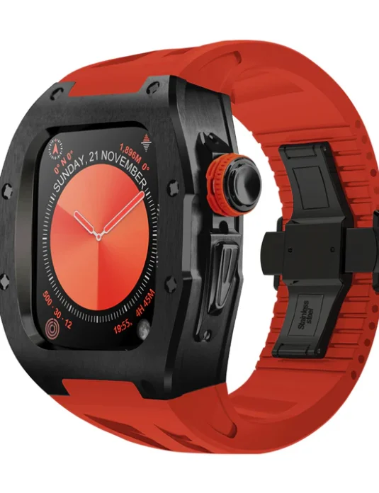 علبة ساعة ابل 10 سوداء 46 مم، حزام أحمر