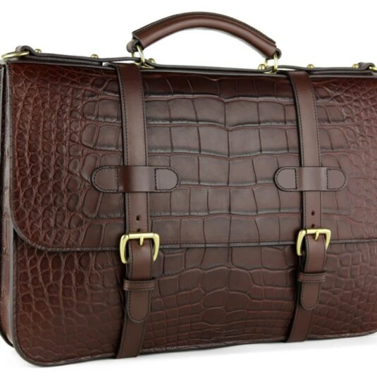 Brown alligator briefcase english design side front