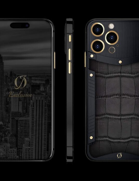 غطاء هاتف آيفون 14 برو ماكس أسود مطلي بالذهب PVD مخصص بلون التمساح الأسود