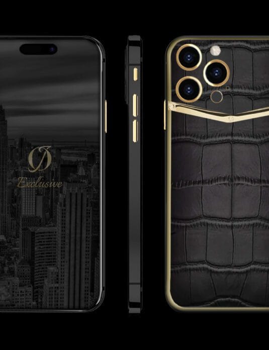IPHONE 14 PRO MAX PERSONALIZADO COCODRILO NEGRO Y PARTE TRASERA DE ORO DE 24 K V