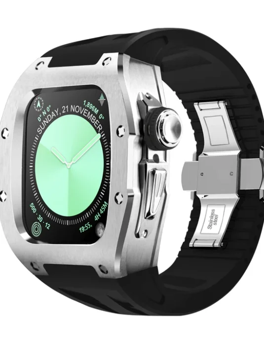 علبة فضية لساعة أبل 10 بقياس 46 مم وسوار أسود