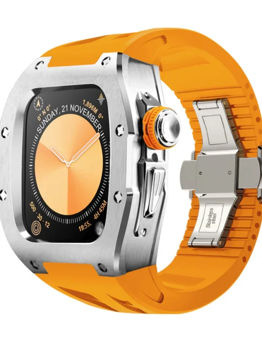 علبة فضية لساعة أبل 10 بقياس 46 مم وسوار برتقالي