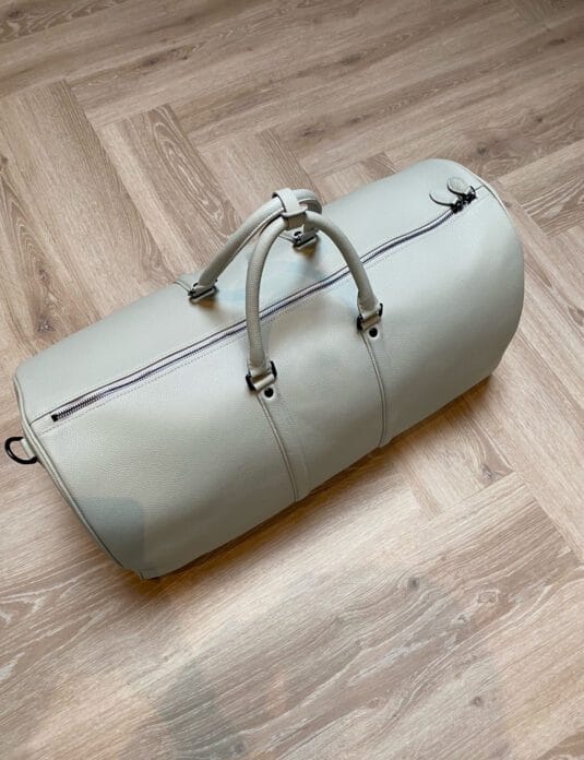 beige white leather duffle bag weekender1