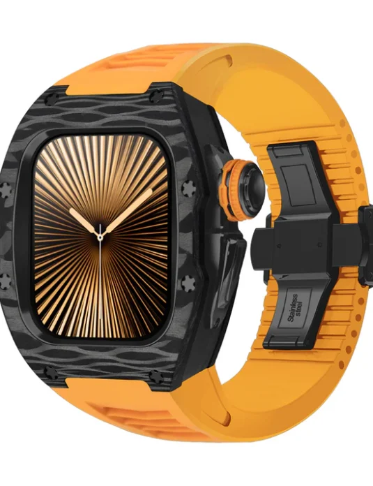 علبة ساعة أبل 10 سوداء الكربون، حزام برتقالي