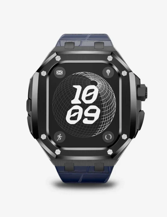 حافظة ساعة أبل ألترا من التيتانيوم الأسود وحزام أمامي من الجلد الأزرق