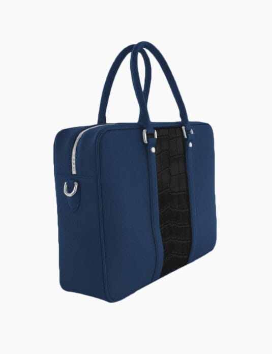 blue leather briefcase with crocodile black