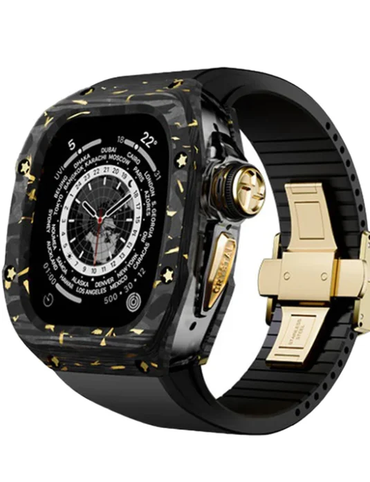 حافظة ساعة أبل ألترا من الكريستال الكربوني الذهبي