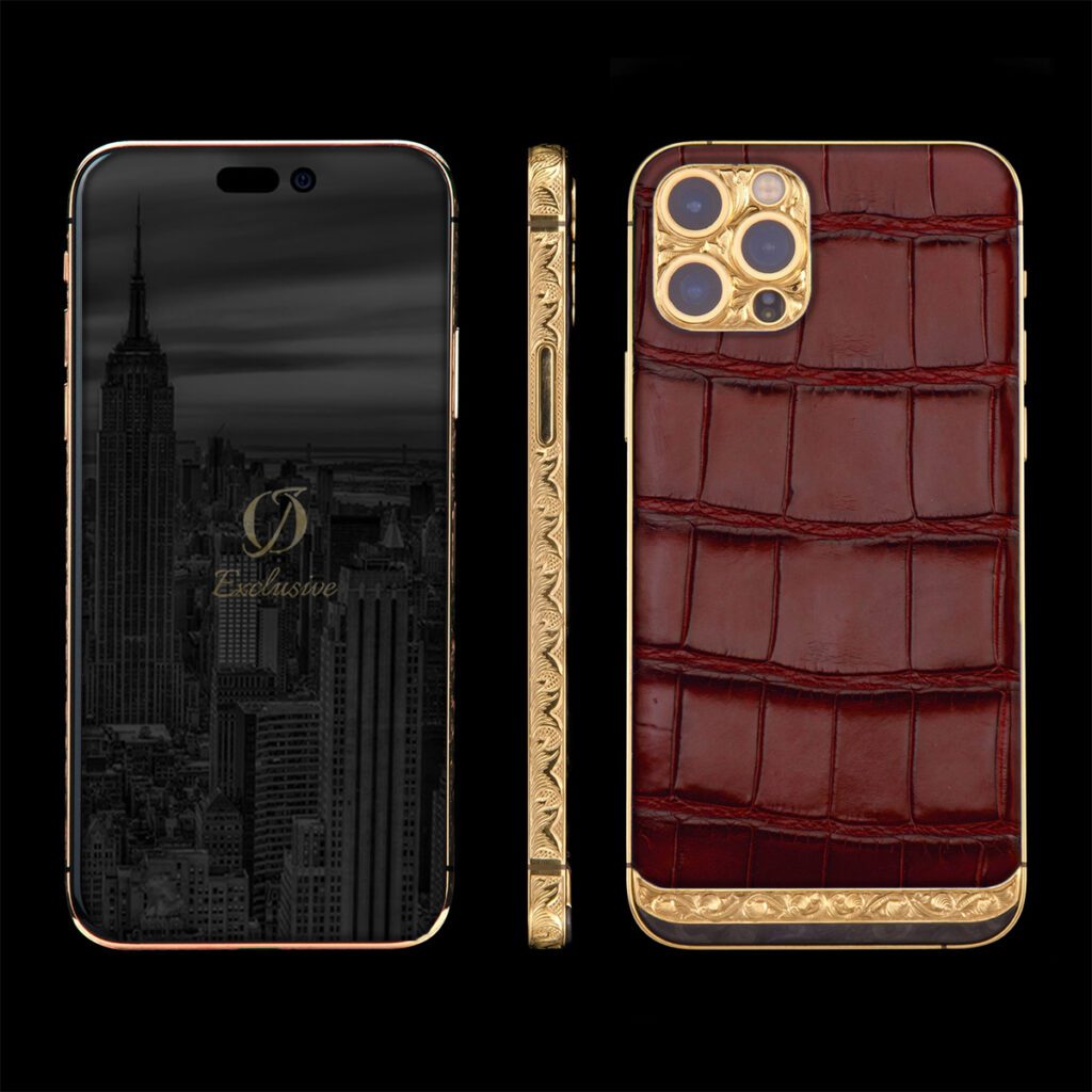 آيفون 14 برو مخصص من الذهب عيار 24 قيراطًا مع جلد التمساح باللون الأحمر الكامل 1