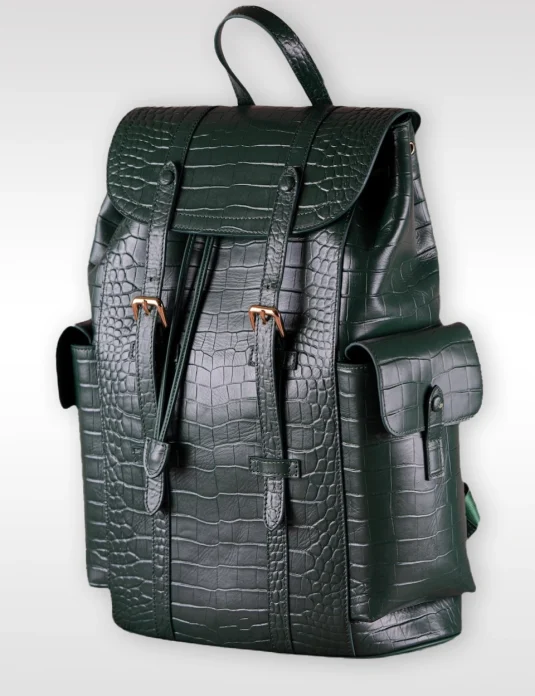 green leather backpack crocodile