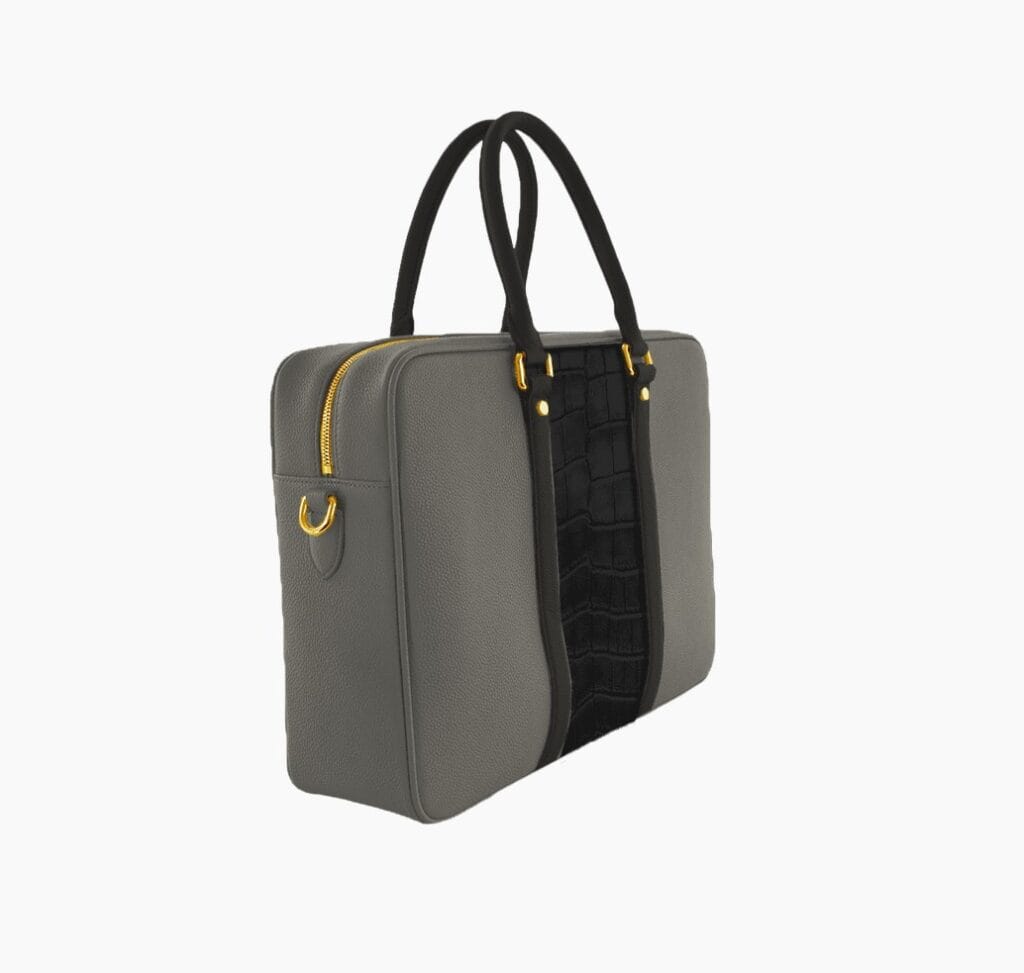 grey leather briefcase with crocodile black