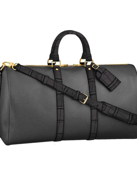 grey leather duffle bag with crocodile