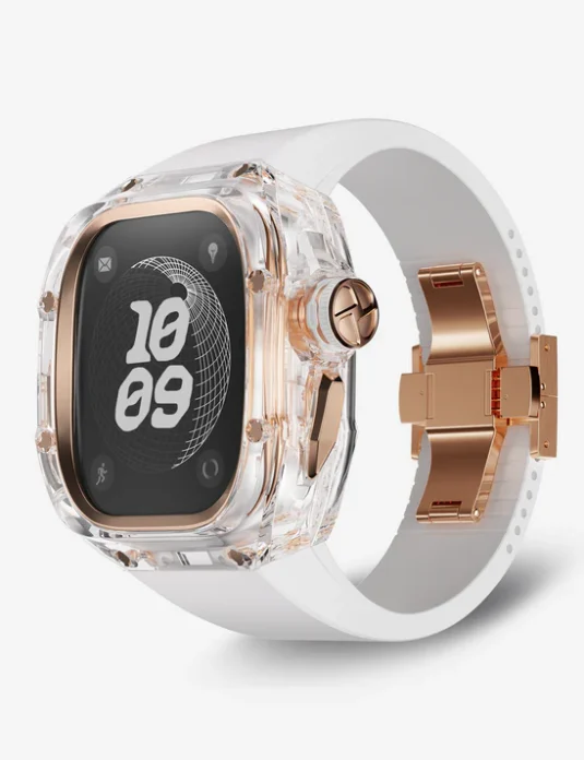 حافظة ساعة ابل الترا كريستال وردي وسوار أبيض