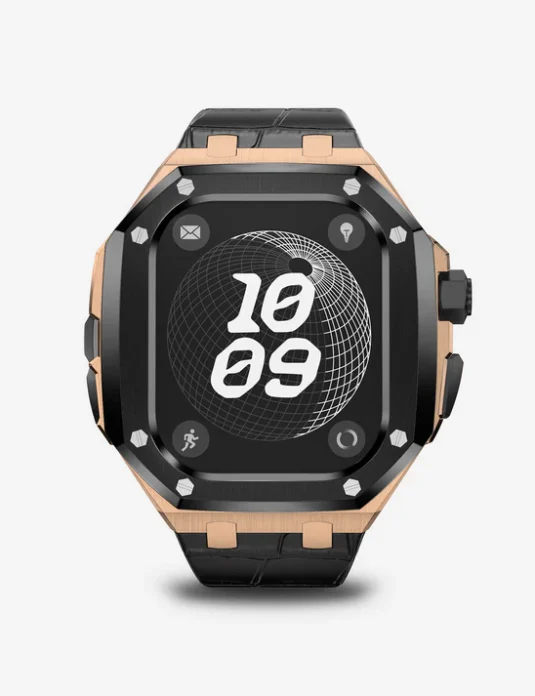 حافظة ساعة أبل ألترا من التيتانيوم الوردي وحزام جلدي أسود أمامي