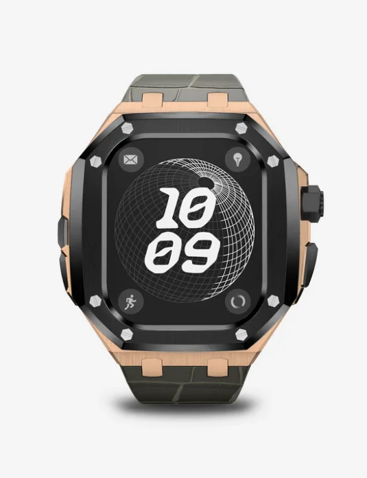 حافظة ساعة أبل ألترا من التيتانيوم الوردي وحزام أمامي من الجلد الأخضر