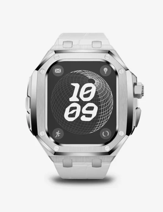 حافظة تيتانيوم لساعة أبل ألترا، حزام جلدي أبيض أمامي