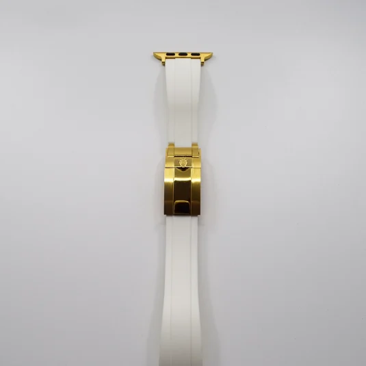 white rolex apple watch band strap gold hardware front